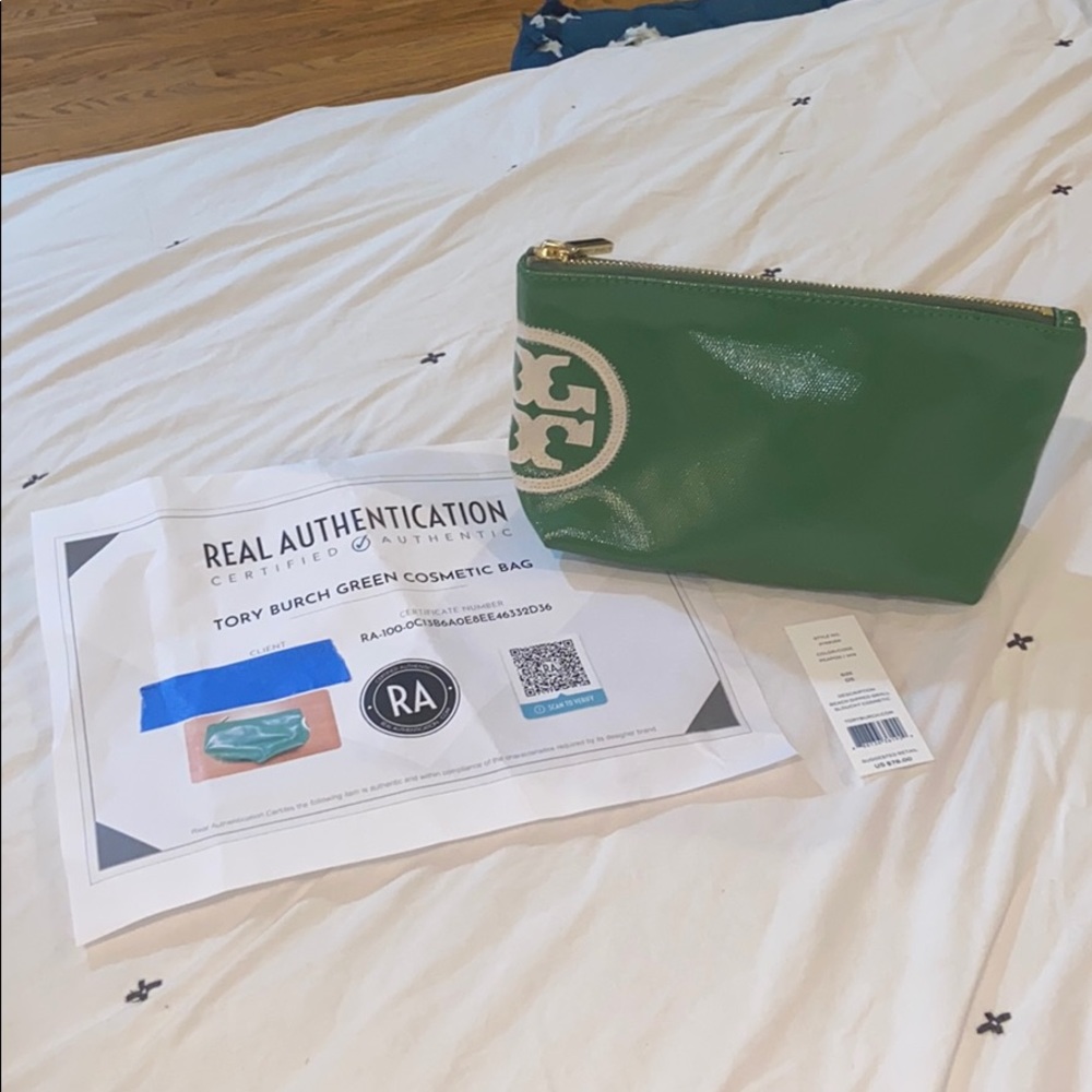Tory Burch Green Logo Cosmetic Pouch